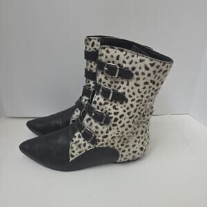 Italian Leather Leopard Calf Hair Ankle Boots EU 38 US 7/7.5 Buckle Booties